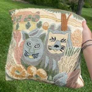 Embroidered Wool Cat Throw Pillow